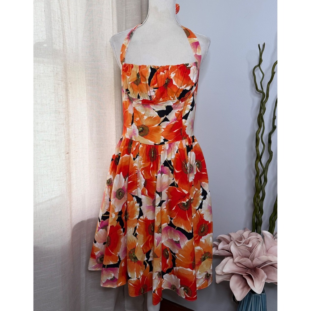 Vintage Bernie Dexter Halter Dress Midi  Floral Poppy Orange Cottage Women's XL